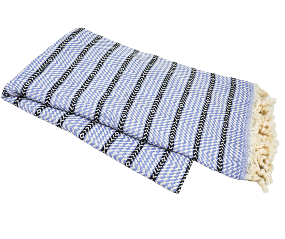 Turkish Towel - 190cm x 100cm Baby Blue Black Zigzag
