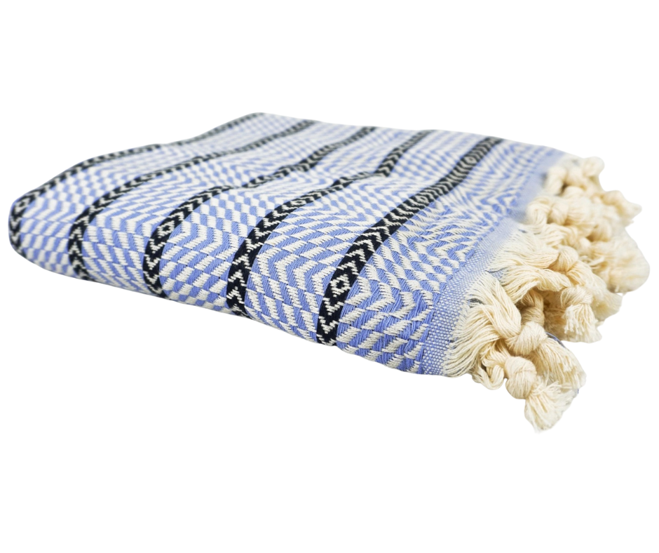 Turkish Towel - 190cm x 100cm Baby Blue Black Zigzag