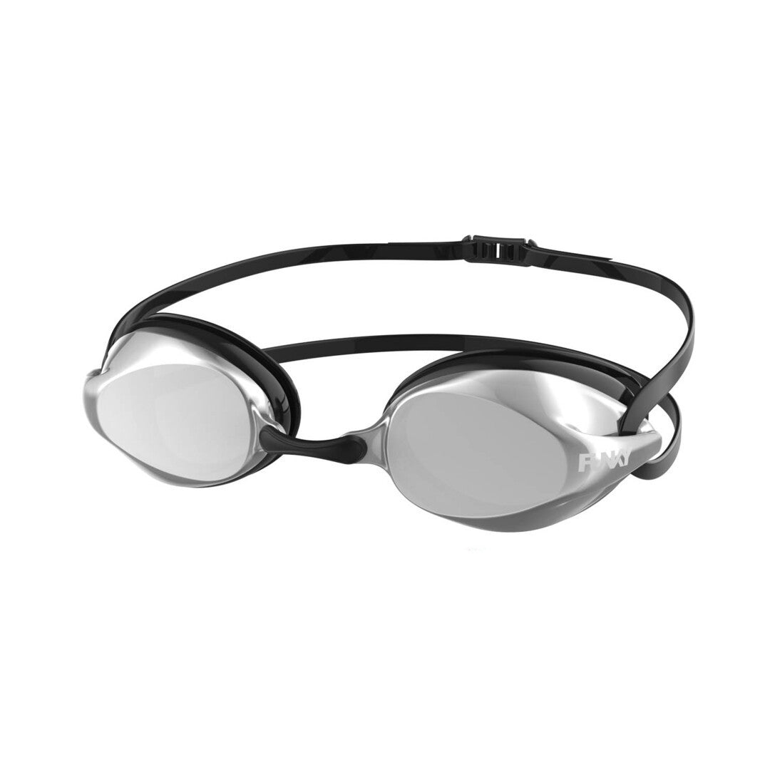 Silver swim goggles with black frame on a white background