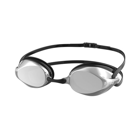 Silver swim goggles with black frame on a white background